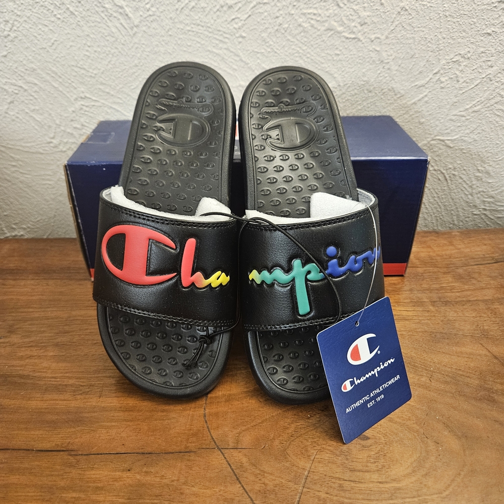 New Champion Black Super Slide Split Rainbow Script Sandals Womens Size 5